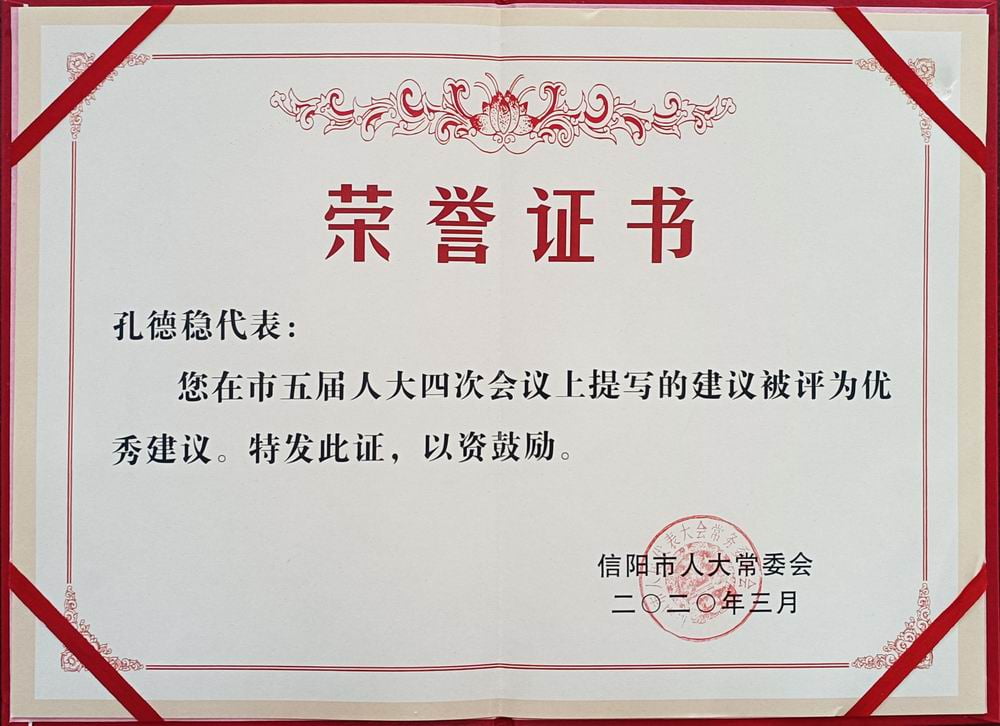 2020孔總人大提案優秀證書